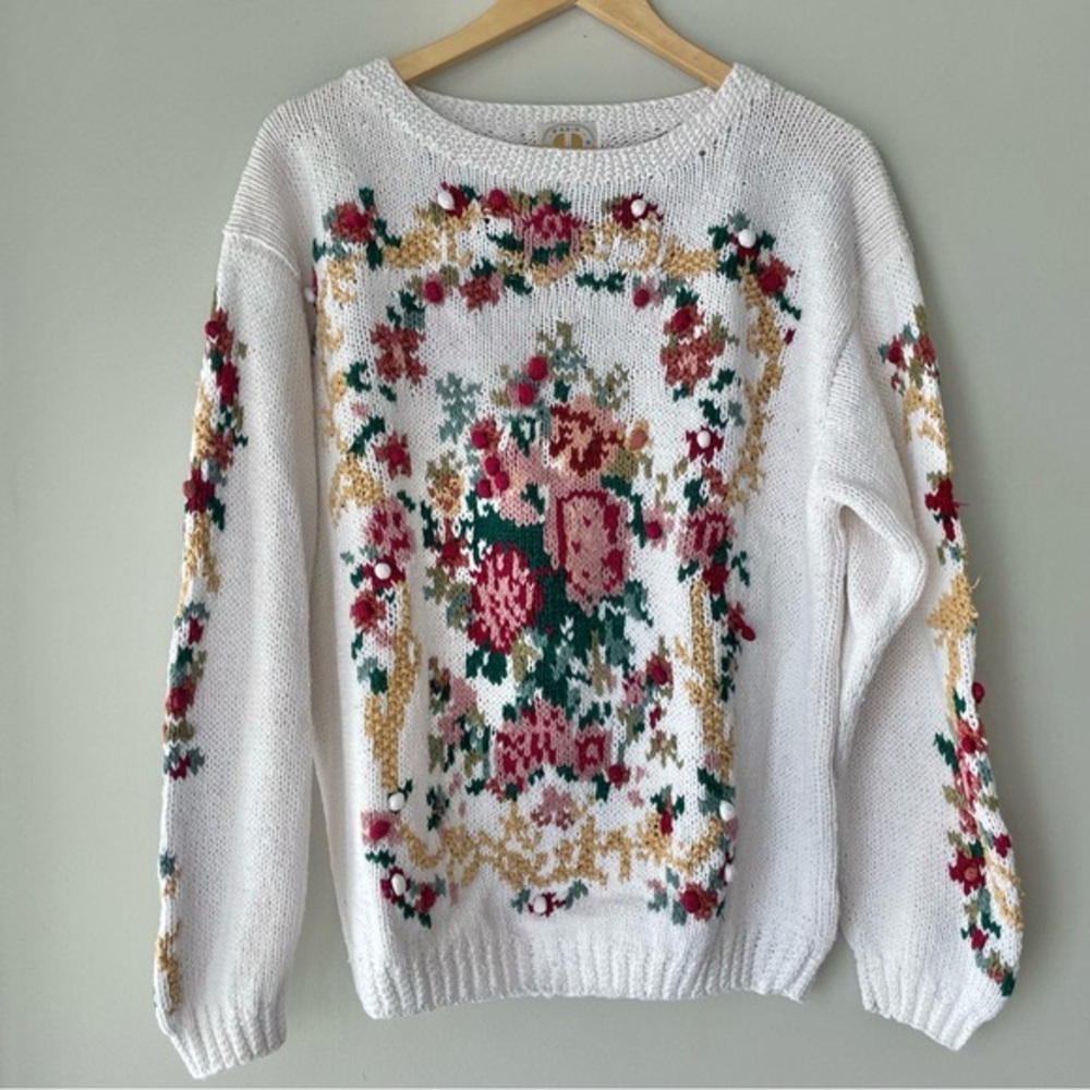 Vintage 80s Floral Grandma Pom Pom Knit Sweater Ramie Cotton Size M